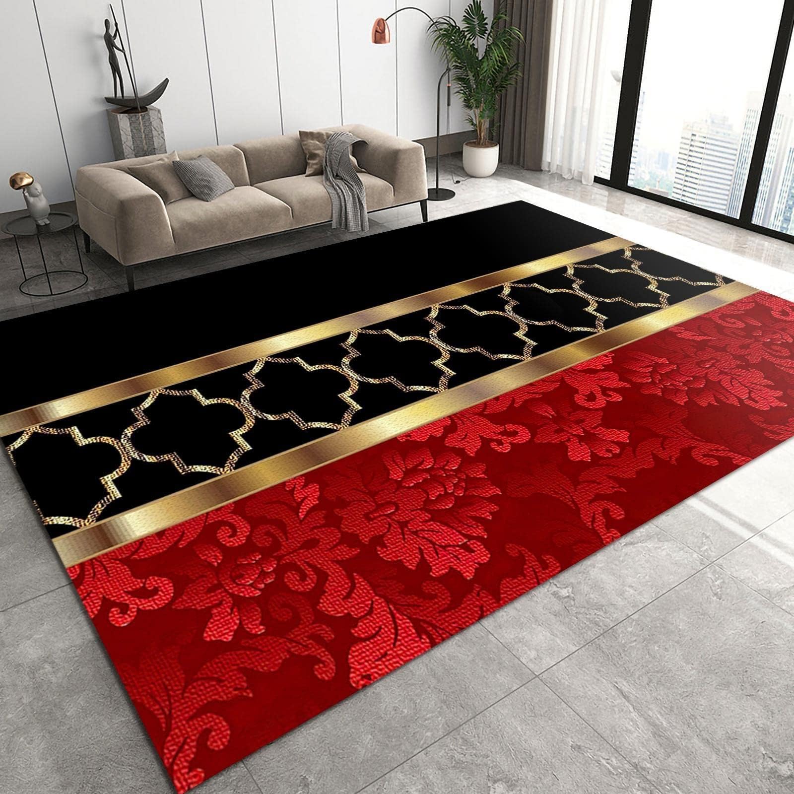 KOXAILI 3' x 4' Modern European Style Luxury Art Area Rug, Black and Red Gold Splicing Geometry Large Indoor Rug with Non-Slip Backing Machine Washable Living Room Rug for Bedroom Dining Room Office