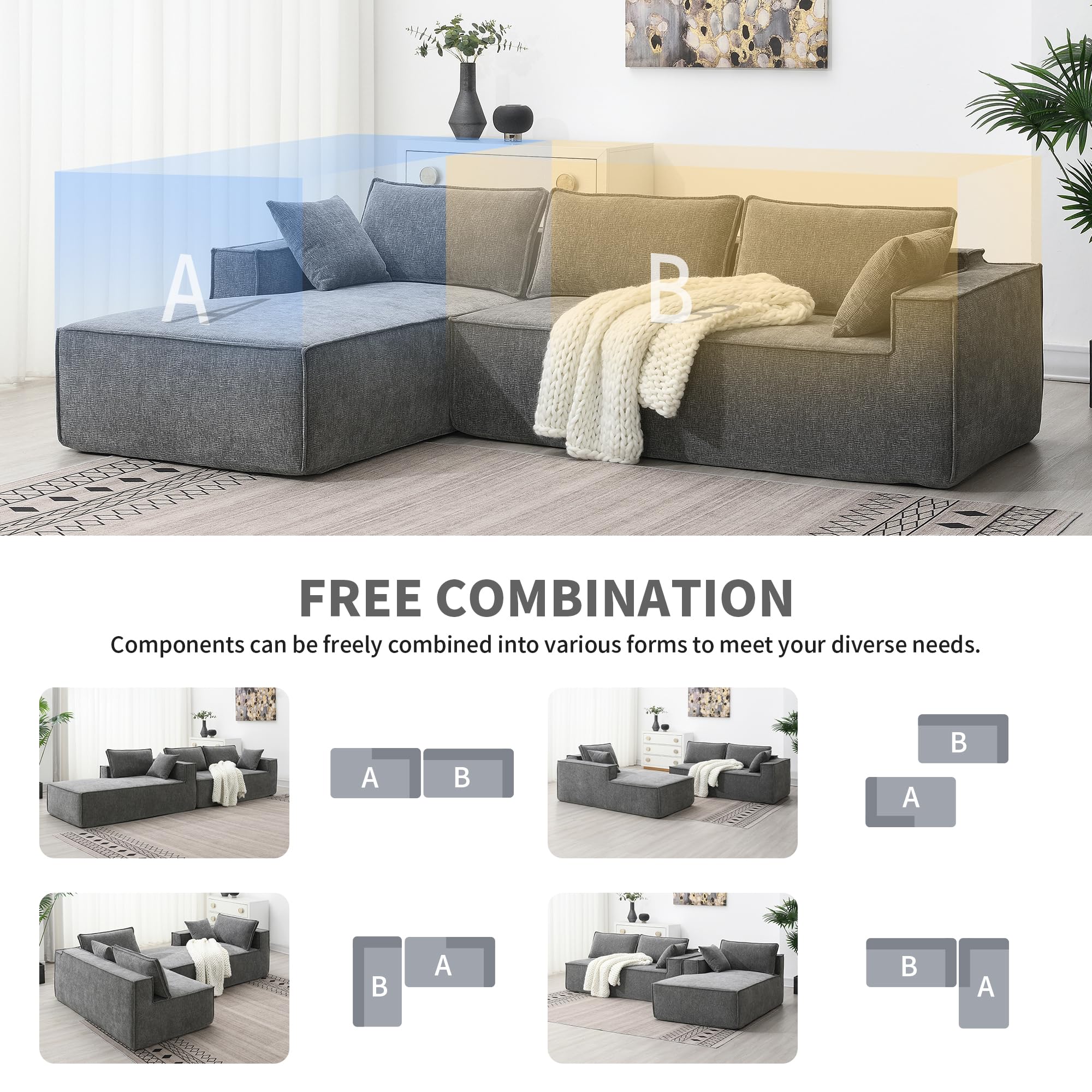 VnndeNest 111" Modular Sectional Couch, Comfy Chenille Fabric Floor Sofa, L-Shape Sectional Sofa with Chaise Lounge, Free Combination Foam-Filled Sleeper Sofa for Living Room, Apartment, Grey