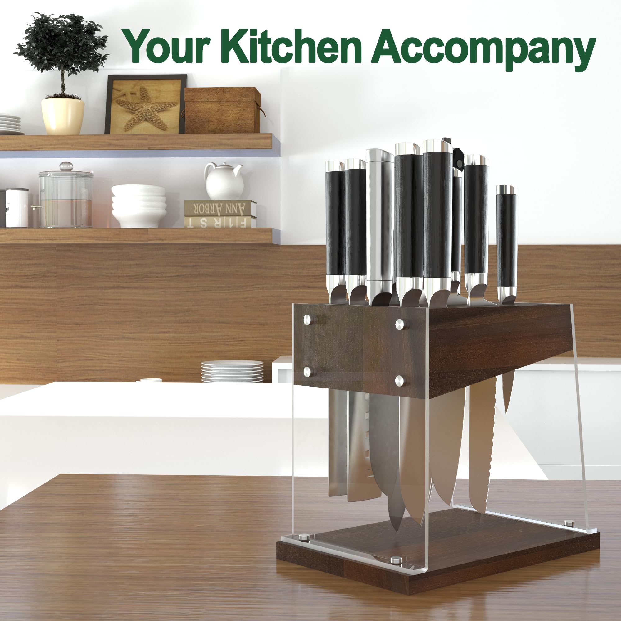 Universal Knife Block With Acrylic Shield, Acacia Wood Knife Holder without Knives for Scissors and Various Knives Suitable for Kitchen Countertops