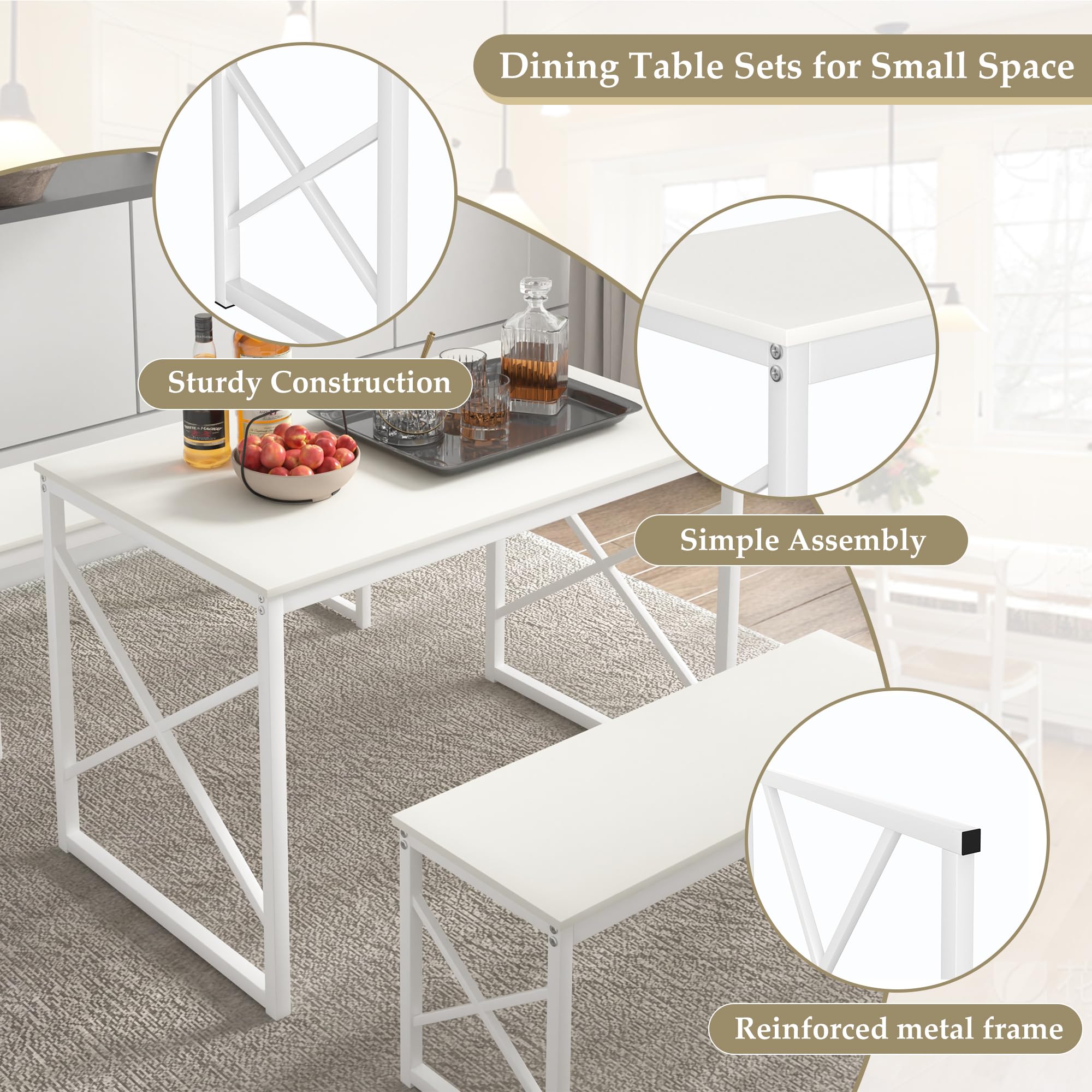 VECELO Kitchen Dining Table Set for 4, 43.3" Wood Rectangle Dinette with 2 Benches, Heavy-Duty Metal Frame for Small Space, Breakfast Nook, White