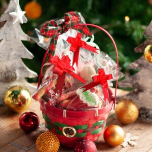 Nuogo 30 Sets Christmas Cookie Tray Bags Cellophane 14" x 18" Clear Cello Tray Bags Christmas Cookie Bags for Gift Giving Christmas Basket Bags with Red Pull Bows for Xmas Holiday Parties Wrap