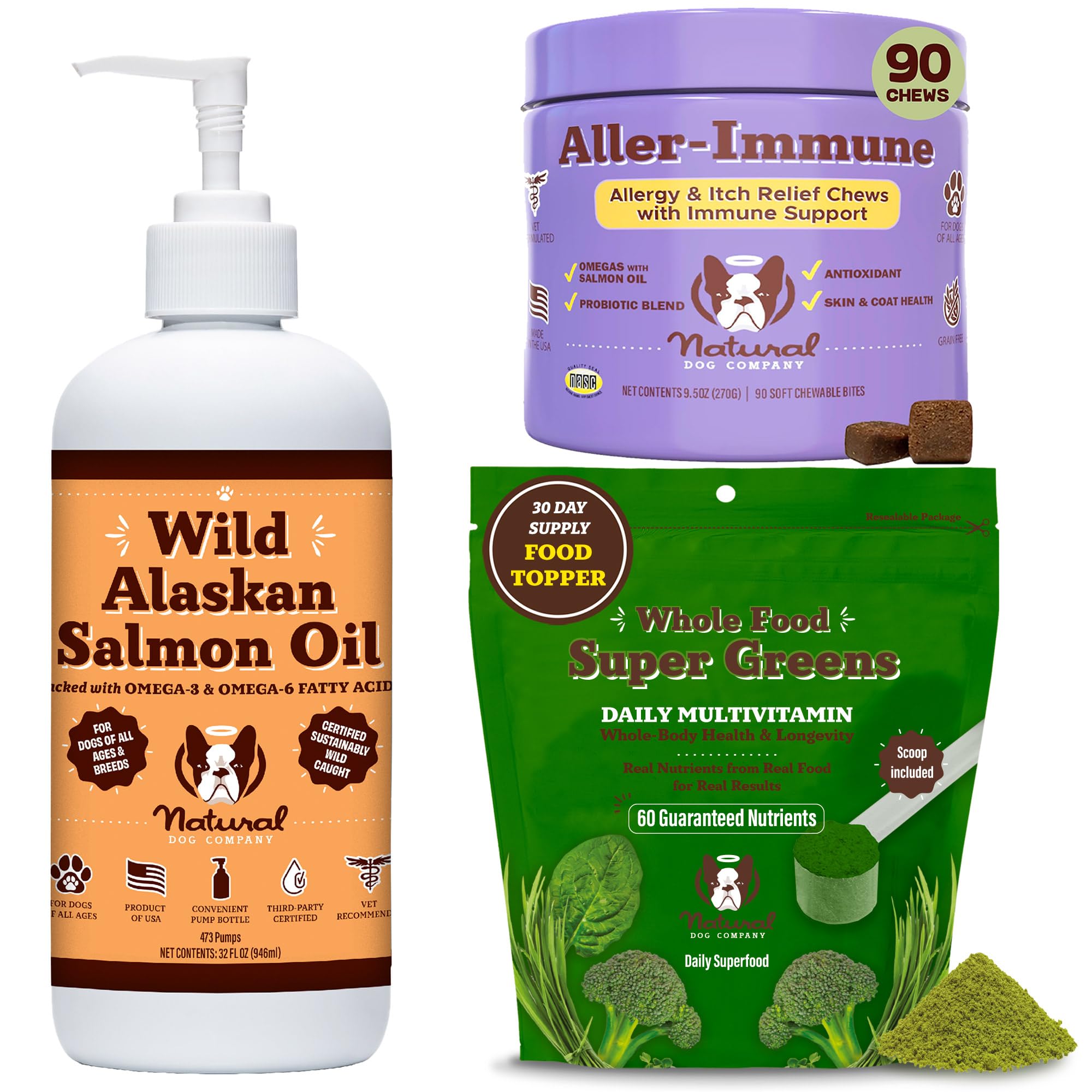 Natural Dog Company Dog Allergy Relief and Nutritional Support, Complete Wellness Bundle with Aller-Immune Chews, Wild Alaskan Salmon Oil, and Super Greens Granules for Skin, Coat, and Immune Health