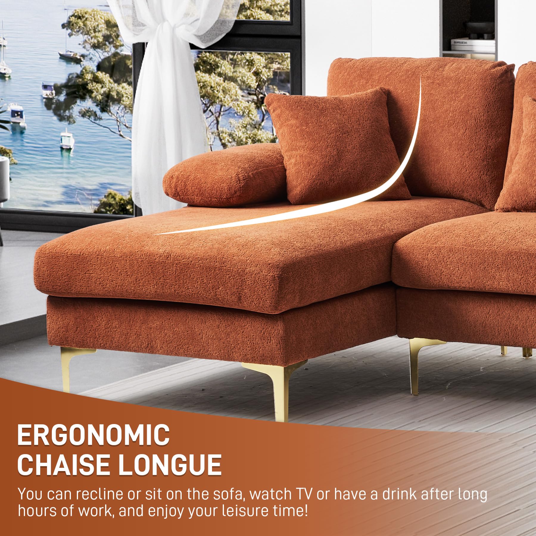 OUYESSIR 110" U Shaped Sectional Sofa Couch for Living Room, 4 Seater Sofa Convertible L-Shaped Chenille Couch Set with Chaise Lounge, Ottoman and Pillows, Orange