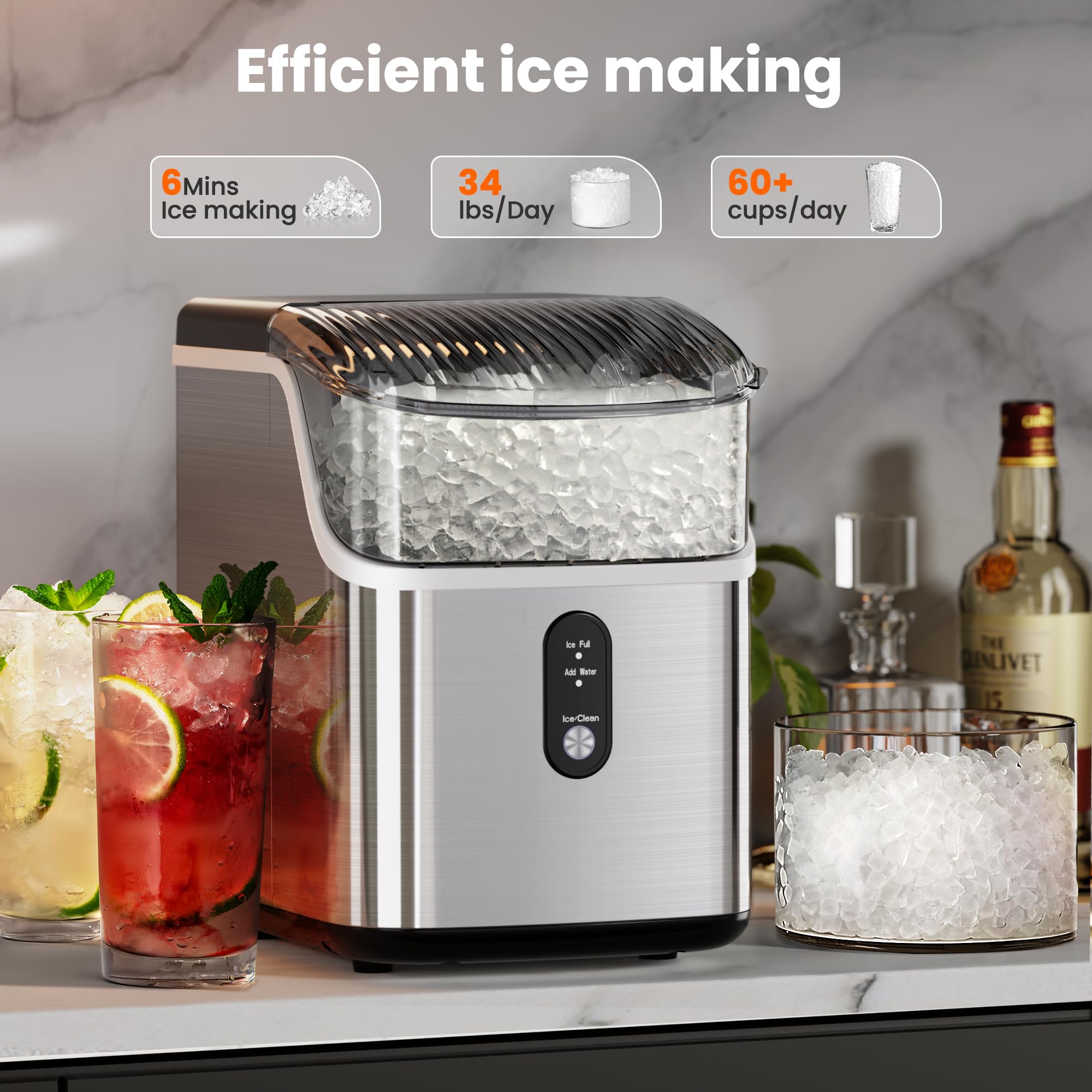 Electactic Nugget Ice Maker Countertop, Pebble Ice Maker with Chewable Ice, 34lbs/Day, One-Click Operation, Self-Cleaning Countertop Ice Machine, Pellet Ice Maker for Home/Kitchen/Office(Silver)