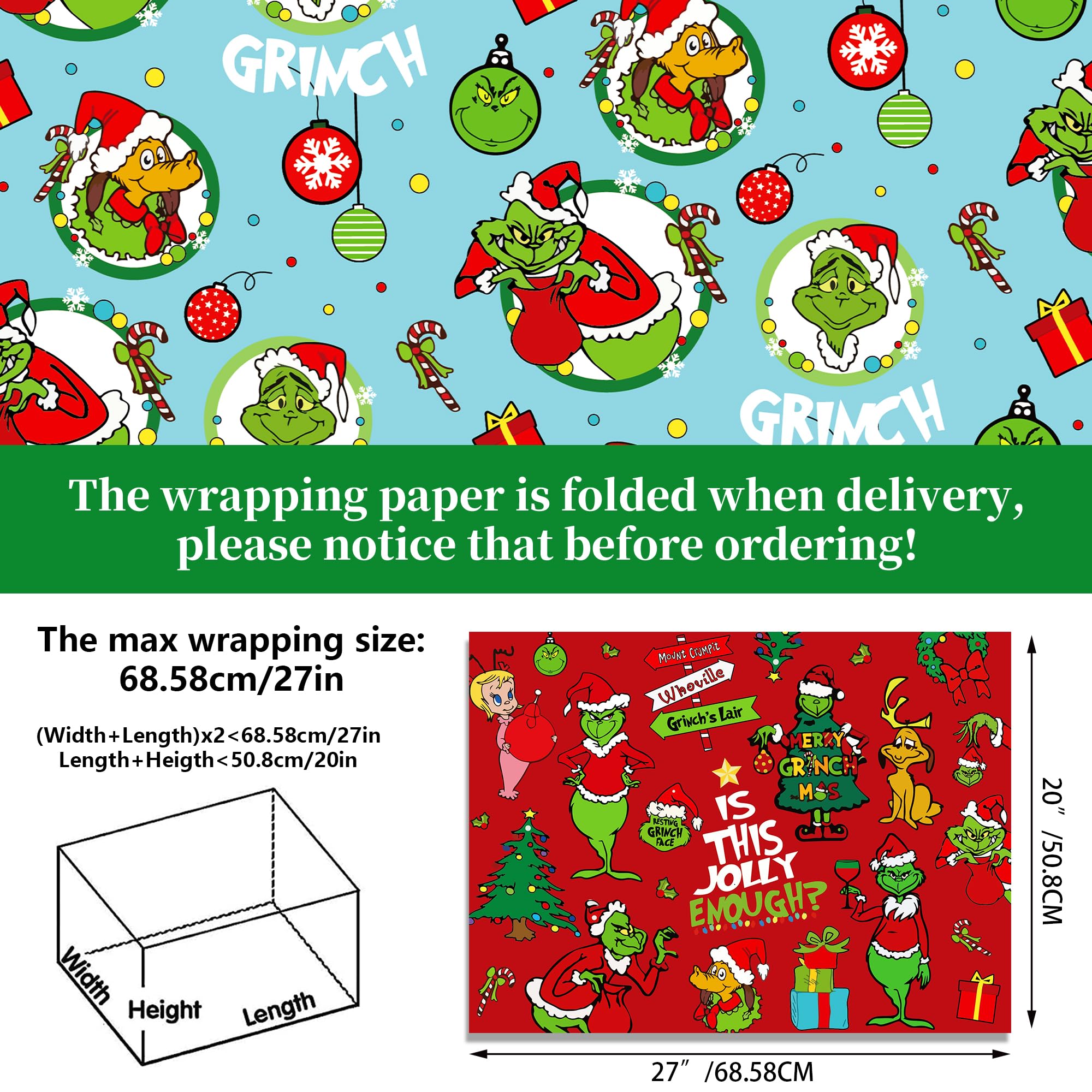 12 Sheets Christmas Grich Wrapping Paper,Funny Cartoon Character Pattern Wrapping Paper For Christmas Party Birthday Party DIY Gift Packing, 20 x 27 Inch