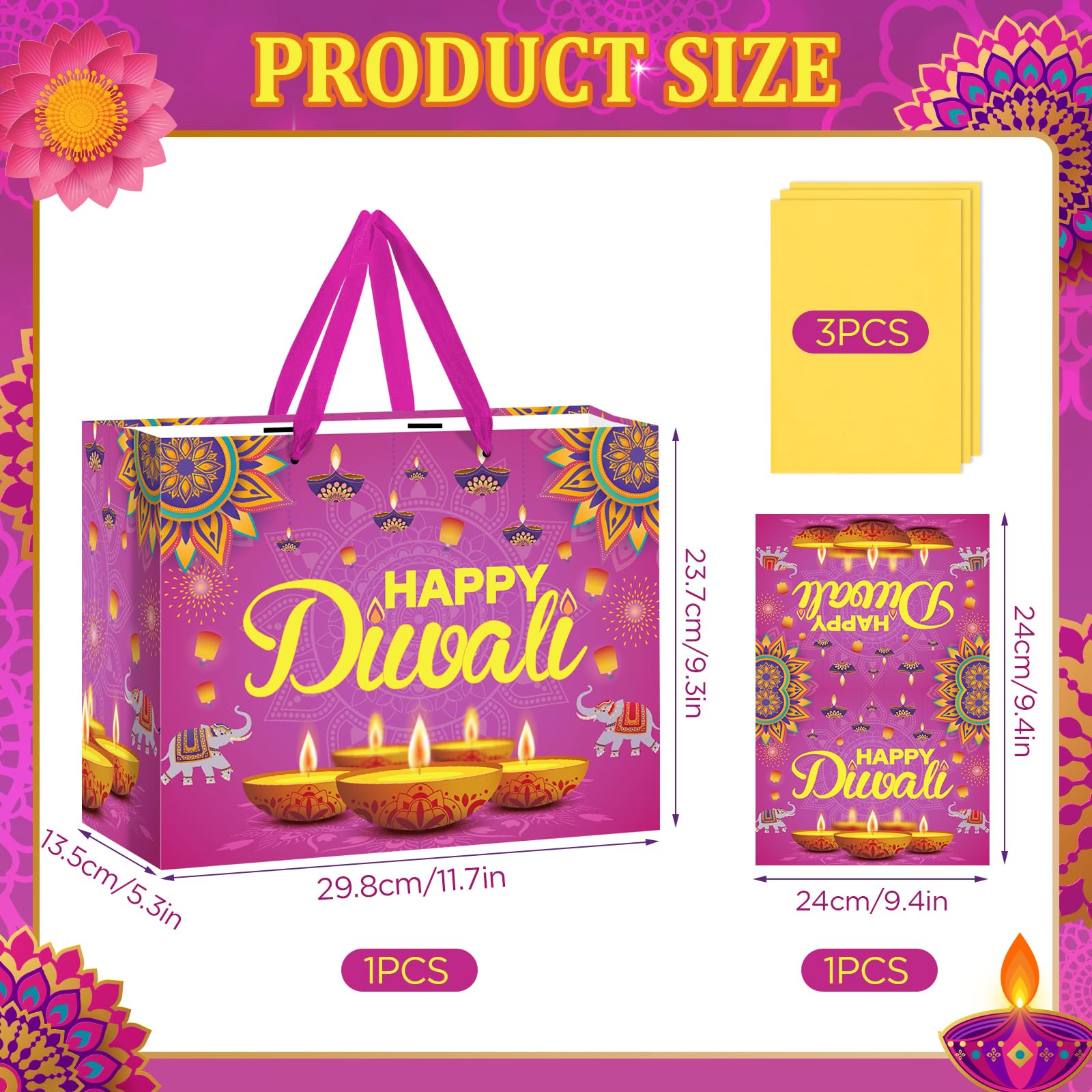 Happy Diwali Gift Bags Diwali Party Supplies Festival of Lights Favors Gift Bags with Wrapping Paper and Card Large Indian Diwali Wrapping Paper Bag Pink Candlelight Goodie Bags Deepavali Decoration