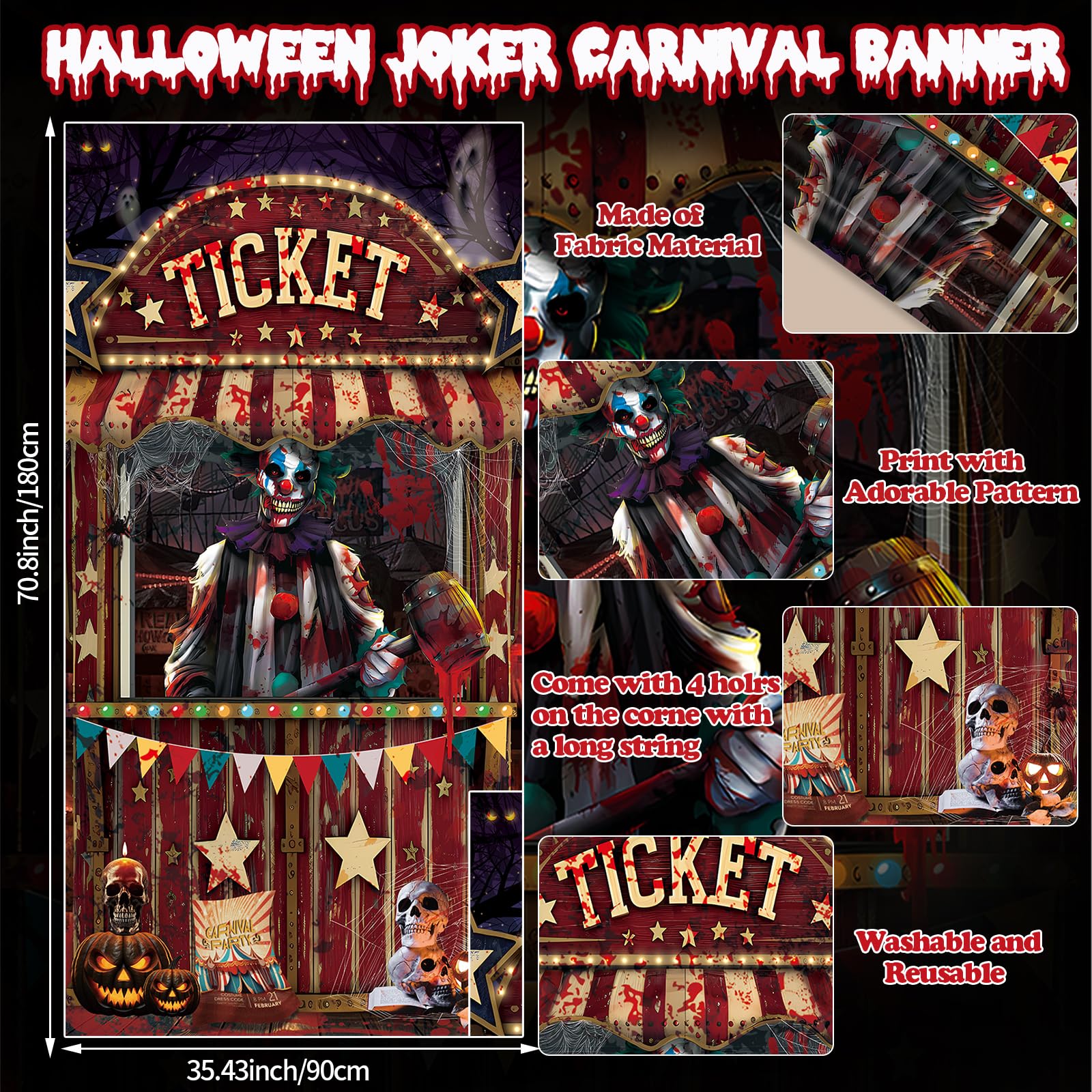 3 Pcs Halloween Creepy Carnival Decorations Scary Ticket Booth Circus Theme Door Cover and 2Pcs Evil Circus Porch Banner for Halloween Eve Circus Theme Outdoor Decorations