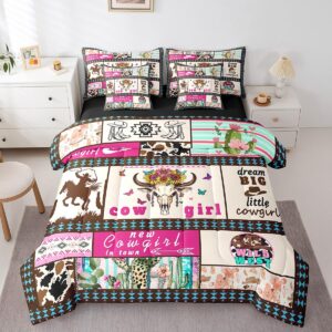 Feelyou Western Cowgirl Kids Comforter Set 7 Pieces, Cow Skull Print Bedding Twin with 1 Comforter,1 Fitted Sheet,1 Flat Sheet,2 Pillowcases,2 Throw Pillow Cover, Boho Cow Fur Bed Set for Boys Girl