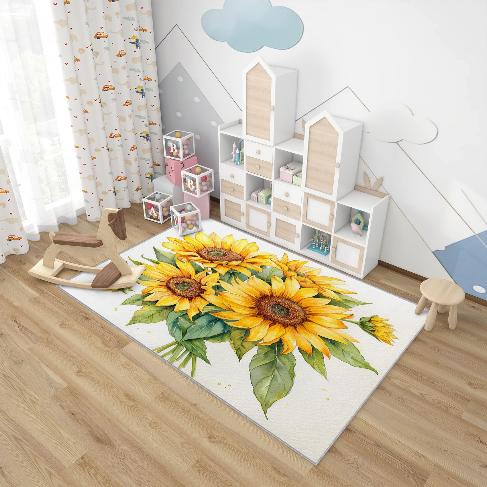 Phtbz Sunflower Decor - Sunflower Rug, 3x4 ft Washable Non-Slip Stain Resistant Yellow Floral Area Rug, Rustic Farmhouse Carpet for Entryway, Bedside, Kitchen, Sunflower Home Decor & Gifts