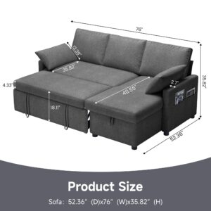 Winlice 4-in-1 Sofa Bed, L Shaped Sleeper Sofa with Pull Out Bed and Storage Chaise Sectional Couch for Living Room, Apartment and Hotel, Dark Gray