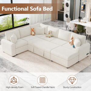 112.2” Sectional Sofa Pull Out Sofa Bed Sleeper with a Storage Ottoman, 3 Pillows and Charging Devices, Modern Oversized Modular Sectional Sofa Couch with Pull Out Bed for Living Room, Beige