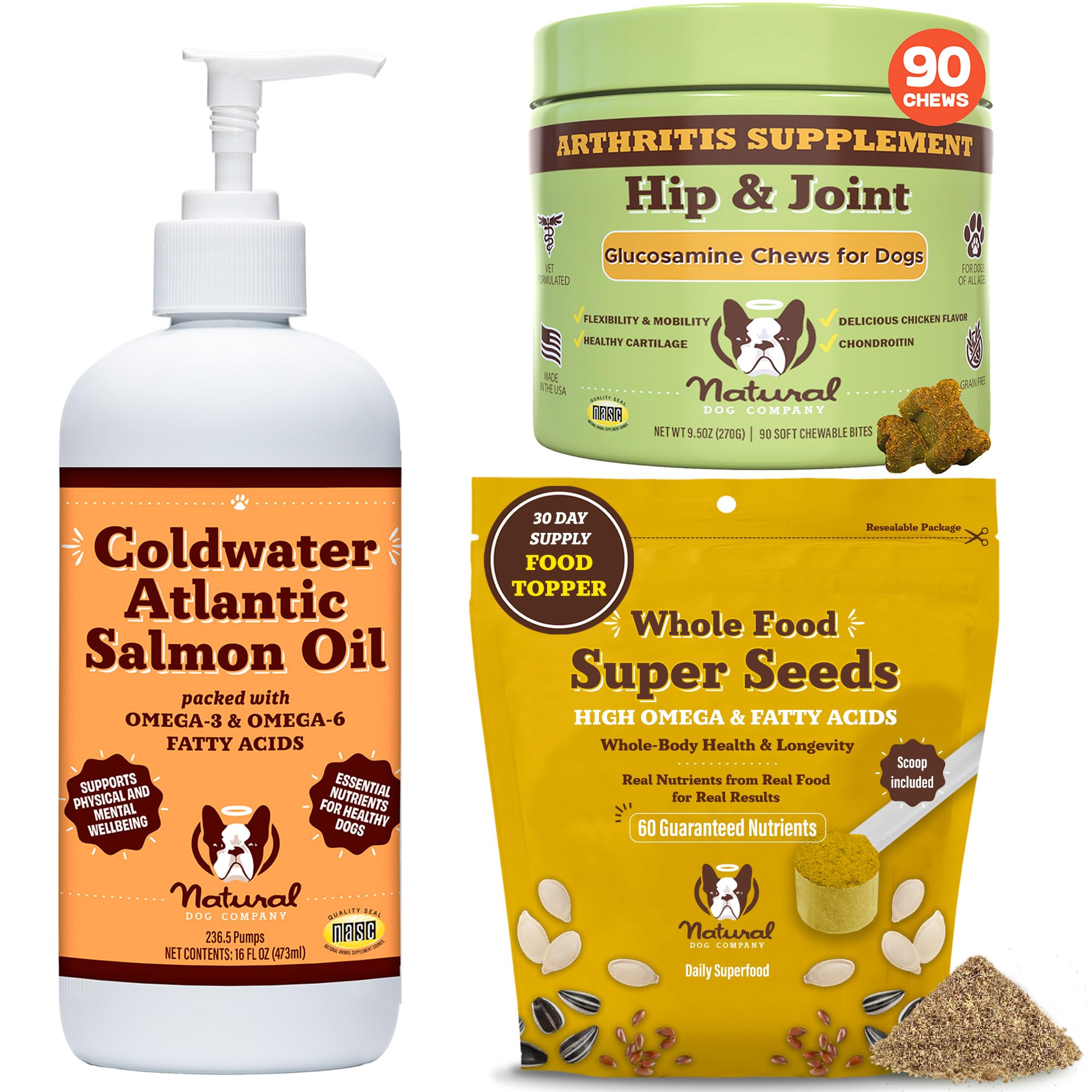 Natural Dog Company Senior Dog Supplements: Hip & Joint Chews, Coldwater Atlantic Salmon Oil & Super Seeds Granules for Joint Care, Immune Health & Aging Dog Support