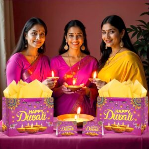 Happy Diwali Gift Bags Diwali Party Supplies Festival of Lights Favors Gift Bags with Wrapping Paper and Card Large Indian Diwali Wrapping Paper Bag Pink Candlelight Goodie Bags Deepavali Decoration