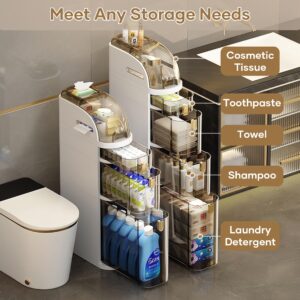 4-Tier Slim Bathroom Storage Cabinet, Narrow Bathroom Storage Organizer, Waterproof Toilet Paper Holder, Movable Plastic Storage Cabinet for Small Spaces, Kitchen, Dormitory, Apartment, Out of Box