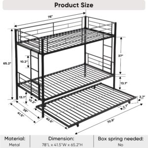 UOCFYK Twin Over Twin Metal Bunk Bed with Trundle,Twin Metal Bed Frame with 2 Ladder and Guardrails&Convertible Bunkbeds for Boys/Girls,Space Saving Design,No Spring Box Required,Black