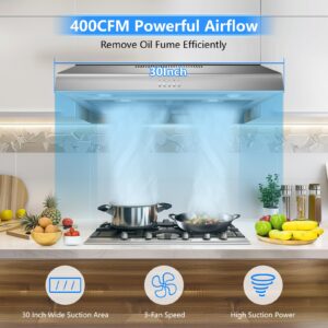 TAZPI 400 CFM Under Cabinet Range Hood 30 Inch, Stainless Steel Stove Vent Hood with 3 Speed Kitchen Exhaust Fan and Two Bright LED Light, Kitchen Hood 30 Inch for Duct/Ductless Convertible