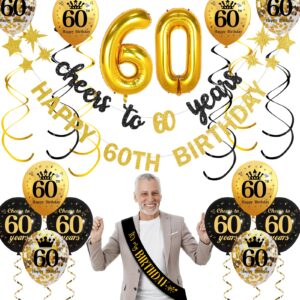 yatufom 16pcs 60th birthday decorations kit for men women, black gold vintage 60th birthday banner balloons sash party supplies, cheers to 60 years bdy balloons swirls decor