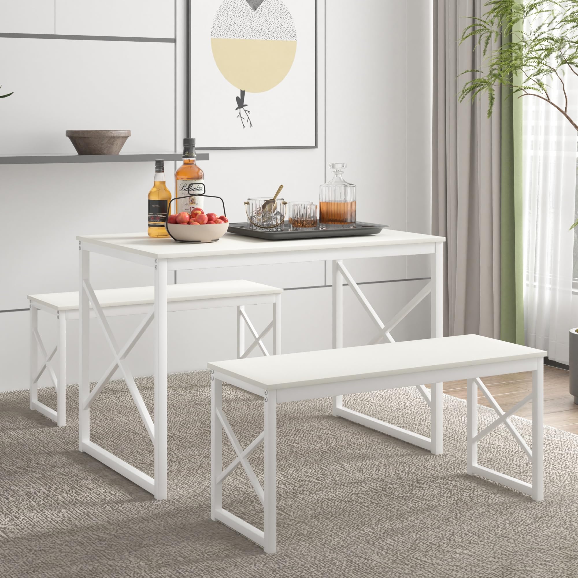 VECELO Kitchen Dining Table Set for 4, 43.3" Wood Rectangle Dinette with 2 Benches, Heavy-Duty Metal Frame for Small Space, Breakfast Nook, White