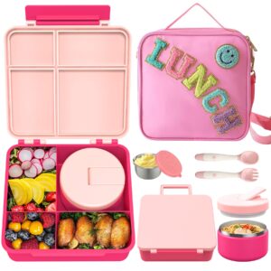 kids bento lunch box with 8oz soup thermo, kids leakproof lunch food containers with 4 compartment, kids insulated hot food jar with lunch bag for school, trvael (pink)