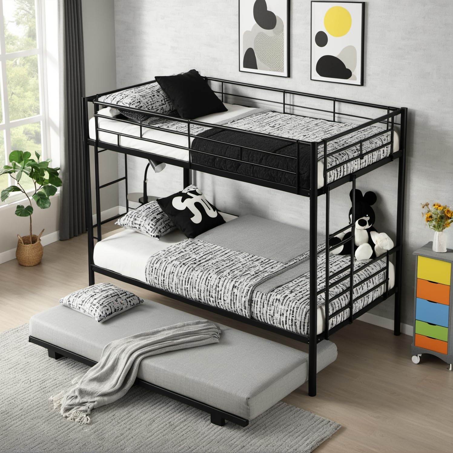 UOCFYK Twin Over Twin Metal Bunk Bed with Trundle,Twin Metal Bed Frame with 2 Ladder and Guardrails&Convertible Bunkbeds for Boys/Girls,Space Saving Design,No Spring Box Required,Black