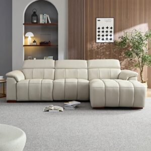 turridu oversized genuine leather l shaped sofa, modern electric control seat 3-seater couch with usb interface, power recliner, reclining sectional sofa with console& single left recliner, beige