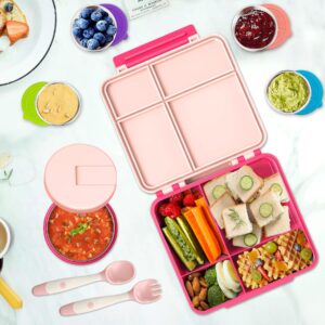 Kids Bento Lunch Box with 8oz Soup Thermo, Kids Leakproof Lunch Food Containers with 4 Compartment, Kids Insulated Hot Food Jar with Lunch Bag for School, Trvael (Pink)