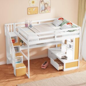 Urunqi Full Size Loft Bed with Desk and Storage Stairs, Wood Loft Bed Full with Shelves & Storage Drawers,Full Loft Bed with Desk Underneath for Kids Teens Boys Girls (White+Natural-191)