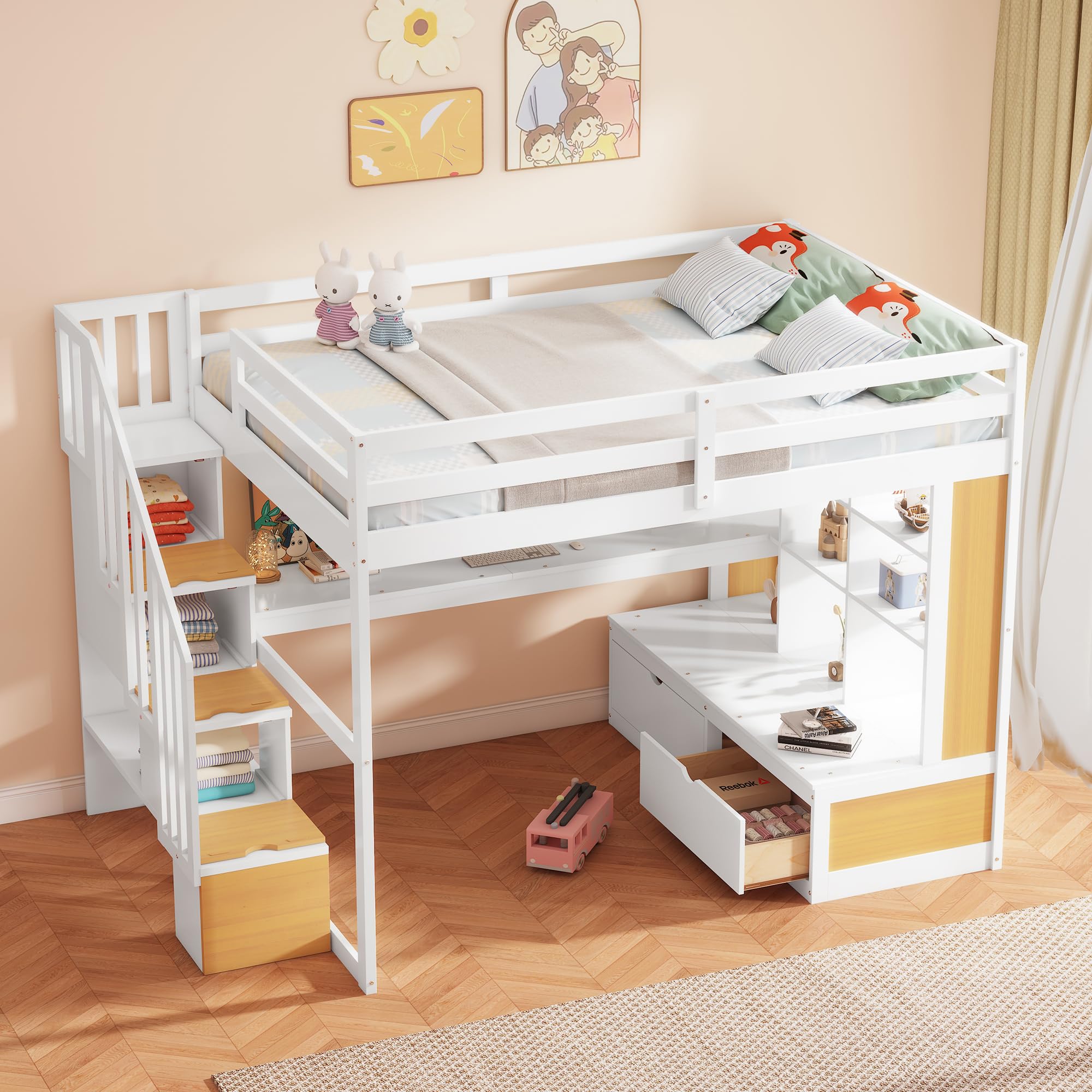 Urunqi Full Size Loft Bed with Desk and Storage Stairs, Wood Loft Bed Full with Shelves & Storage Drawers,Full Loft Bed with Desk Underneath for Kids Teens Boys Girls (White+Natural-191)