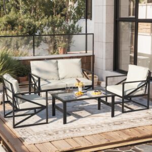 PAKASEPT Patio Furniture Set, 4 Pieces Aluminum Outdoor Furniture Patio Couch Conversation Sets, Patio Set with Sofa and Coffee Table for Porch Deck Garden Balcony Backyard Living Room