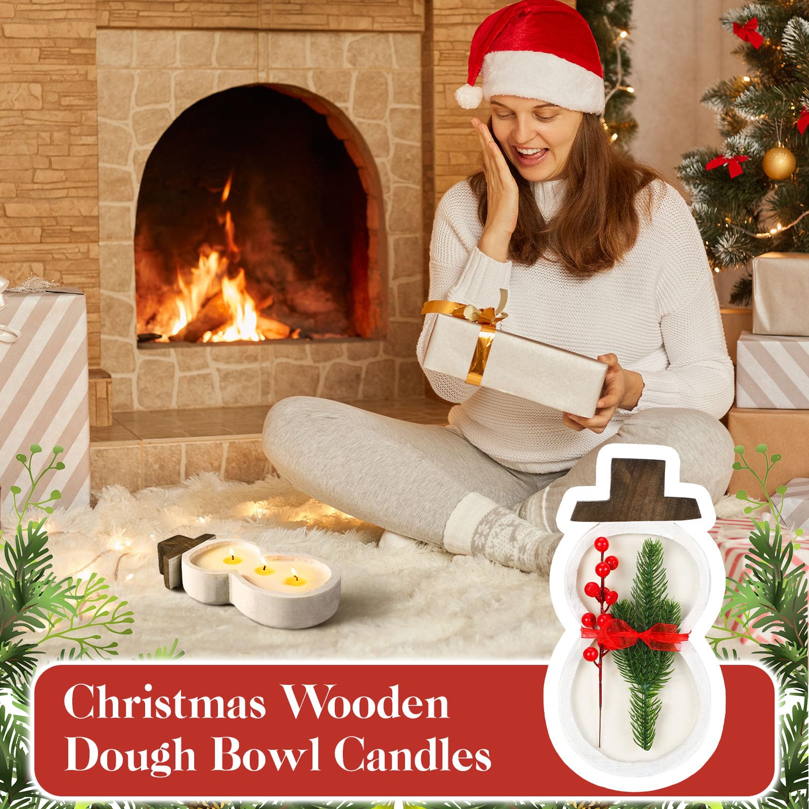 Conelist Wooden Dough Bowl Candles Christmas Candle Gifts Wooden Bowl Candle Farmhouse Bowl Candles for Wedding Birthday Christmas Gift Table Centerpiece Decor (Snowman, White)