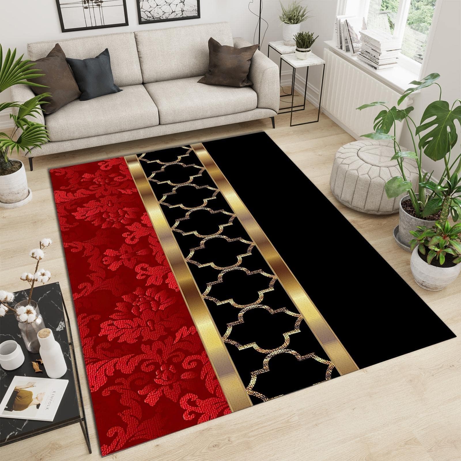 KOXAILI 3' x 4' Modern European Style Luxury Art Area Rug, Black and Red Gold Splicing Geometry Large Indoor Rug with Non-Slip Backing Machine Washable Living Room Rug for Bedroom Dining Room Office