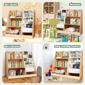 3 Tier Wooden Bookshelf for Kids: Five Layer Sling Children Bookcase - Toddler Book Toy Organizer Cabinet Chest for Playroom Nursery Classroom Library