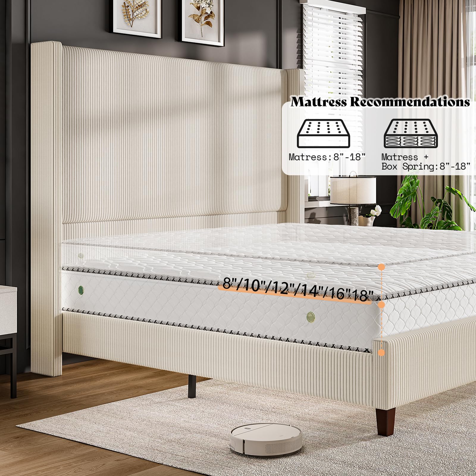 AMERLIFE King Size 62" Corduroy Upholstered Bed Frame, Luxurious Platform Bed with Extra Tall Wingback Headboard and Vertical Stripe, No Box Spring Needed/Solid Wood Slats & Legs/Cream