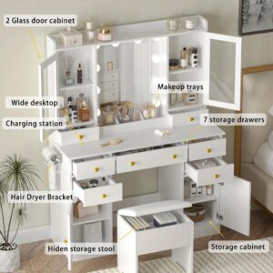 Wodeer Vanity Desk with Lighted Mirror & Power Strip,Makeup Vanity Table with RGB LED Lights & Chair,White Dressing Table Set with 7 Drawers & 2 Cabinet for Girls Women Bedroom & Dressing Room,White