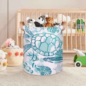 LLCXCSI Large Laundry Hamper Basket, Round Collapsible Storage Organizer Bin for Kids, Boys, Nursery, Closet, Bedroom, Playroom, Toys, Dirty Clothes, 16" W x 20" H (Sea Turtle Ocean Theme)