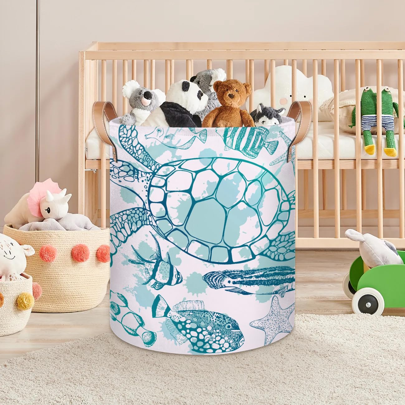 LLCXCSI Large Laundry Hamper Basket, Round Collapsible Storage Organizer Bin for Kids, Boys, Nursery, Closet, Bedroom, Playroom, Toys, Dirty Clothes, 16" W x 20" H (Sea Turtle Ocean Theme)