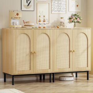 weenfon set of 2 rattan cabinet, storage cabinet with doors and shelf, buffet cabinet with metal bottom frame, accent cabinet, entryway cabinet for kitchen, natural