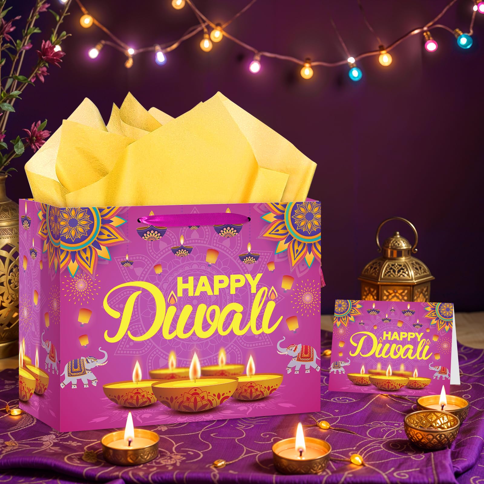 Happy Diwali Gift Bags Diwali Party Supplies Festival of Lights Favors Gift Bags with Wrapping Paper and Card Large Indian Diwali Wrapping Paper Bag Pink Candlelight Goodie Bags Deepavali Decoration