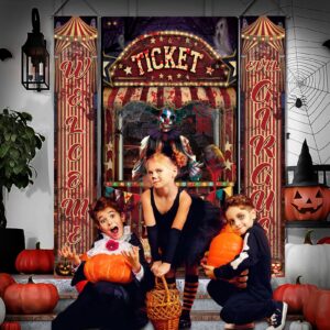 3 Pcs Halloween Creepy Carnival Decorations Scary Ticket Booth Circus Theme Door Cover and 2Pcs Evil Circus Porch Banner for Halloween Eve Circus Theme Outdoor Decorations