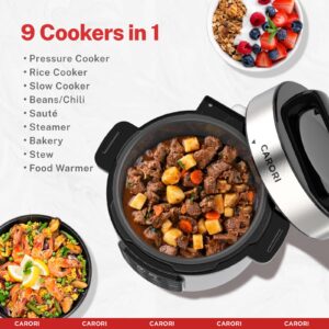 CARORI 9-in-1 Electric Pressure Cooker 6 Qt, Programmable Multi-Function Cooker with Safer Venting Design, Rice Cooker, Slow Cooker, Steamer, Sauté, Warmer & Sterilizer, 1000W, Stainless Steel