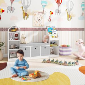 Kids Bookcase with Reading Nook, Bench Kids Bookshelf with 9 Storage Cubbies and 3 Drawers, Multi-Purpose Toy Storage Organizer with Seat Cushion for Playroom, Bedroom, Entryway, Living Room, White