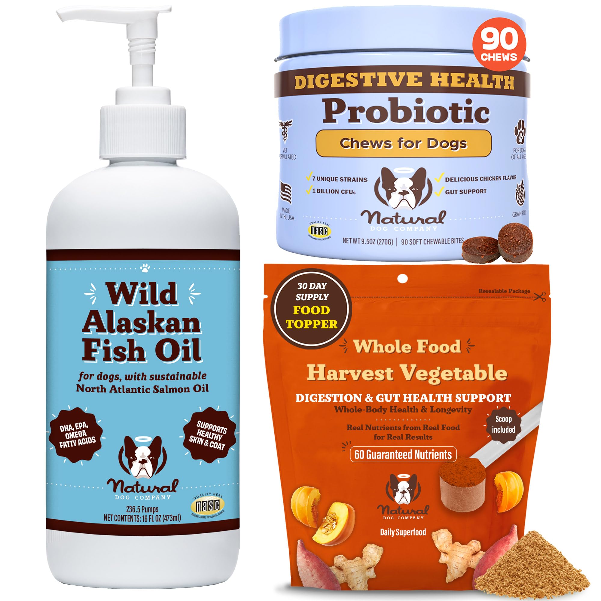 Natural Dog Company Digestive Health Bundle with Probiotics, Omega-3 Fish Oil & Fiber-Rich Superfood Granules for Gut Health, Immune Support, and Healthy Coat - All-Natural Ingredients for Dogs