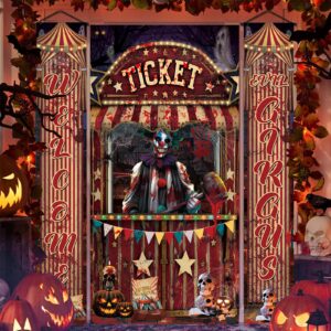 3 pcs halloween creepy carnival decorations scary ticket booth circus theme door cover and 2pcs evil circus porch banner for halloween eve circus theme outdoor decorations