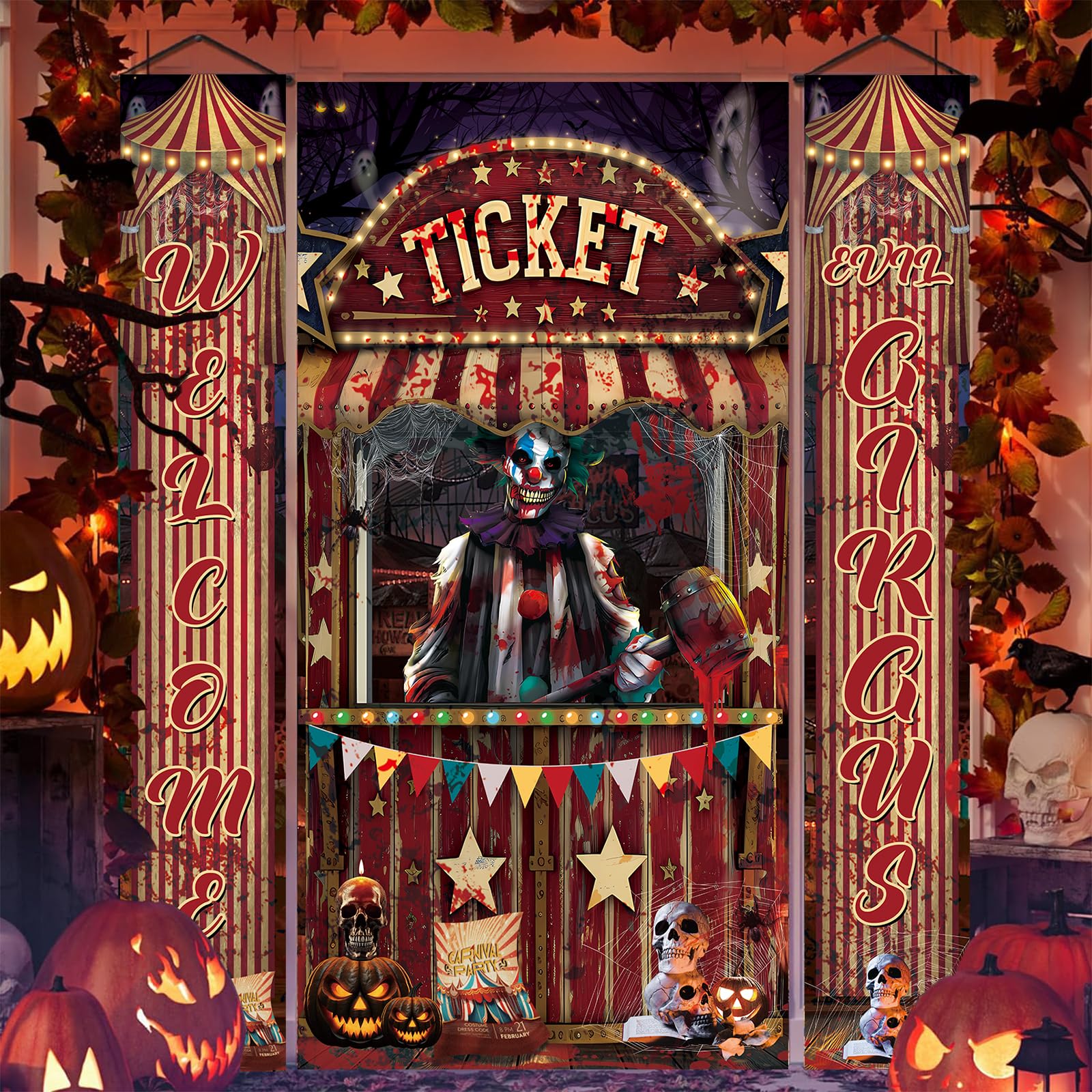 3 Pcs Halloween Creepy Carnival Decorations Scary Ticket Booth Circus Theme Door Cover and 2Pcs Evil Circus Porch Banner for Halloween Eve Circus Theme Outdoor Decorations