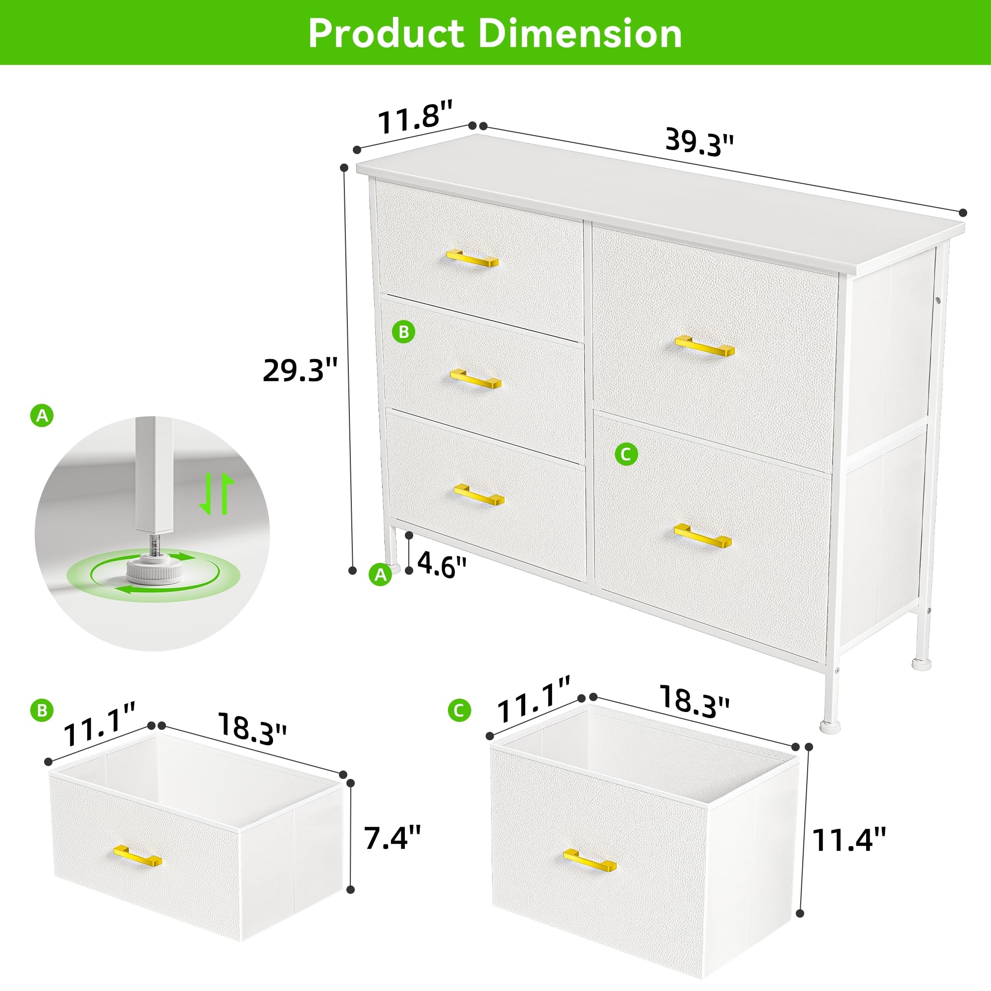 YILQQPER Dresser for Bedroom with 5 Drawers, Dresser TV Stand for 45" TV, Wide Bedroom Dresser Storage Organizers, Fabric Chest of Drawers, Dresser for Living Room, Closet, White