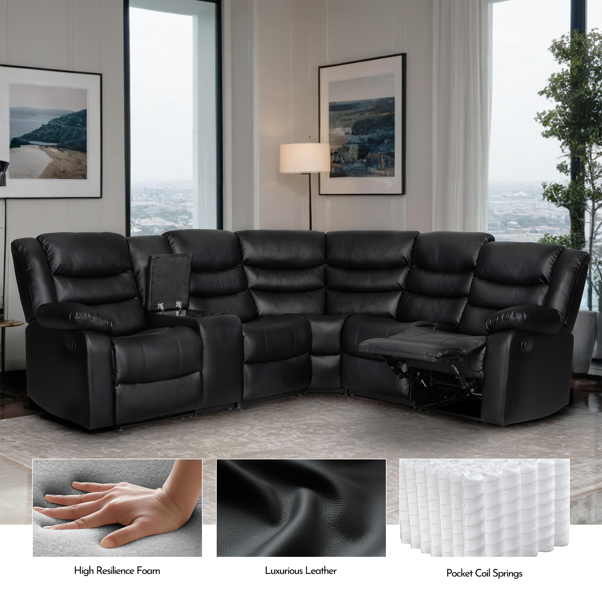 Recliner Sectional Sofa, Faux Leather Manual Reclining Sectional Couch, Modular Livingroom Furniture Sets with 1 Storage Console & 2 Cup Holders (Black)