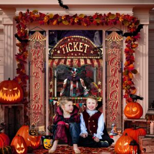 3 Pcs Halloween Creepy Carnival Decorations Scary Ticket Booth Circus Theme Door Cover and 2Pcs Evil Circus Porch Banner for Halloween Eve Circus Theme Outdoor Decorations