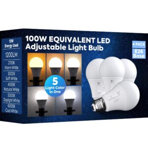 nouscan adjustable light bulb, 100w equivalent, 5cct a19 led light bulb, e26 base, 2700k 3000k 4000k 5000k 6000k, 1200lm, 13w e26 medium base standard light bulb for bedroom, living room, 4 pack