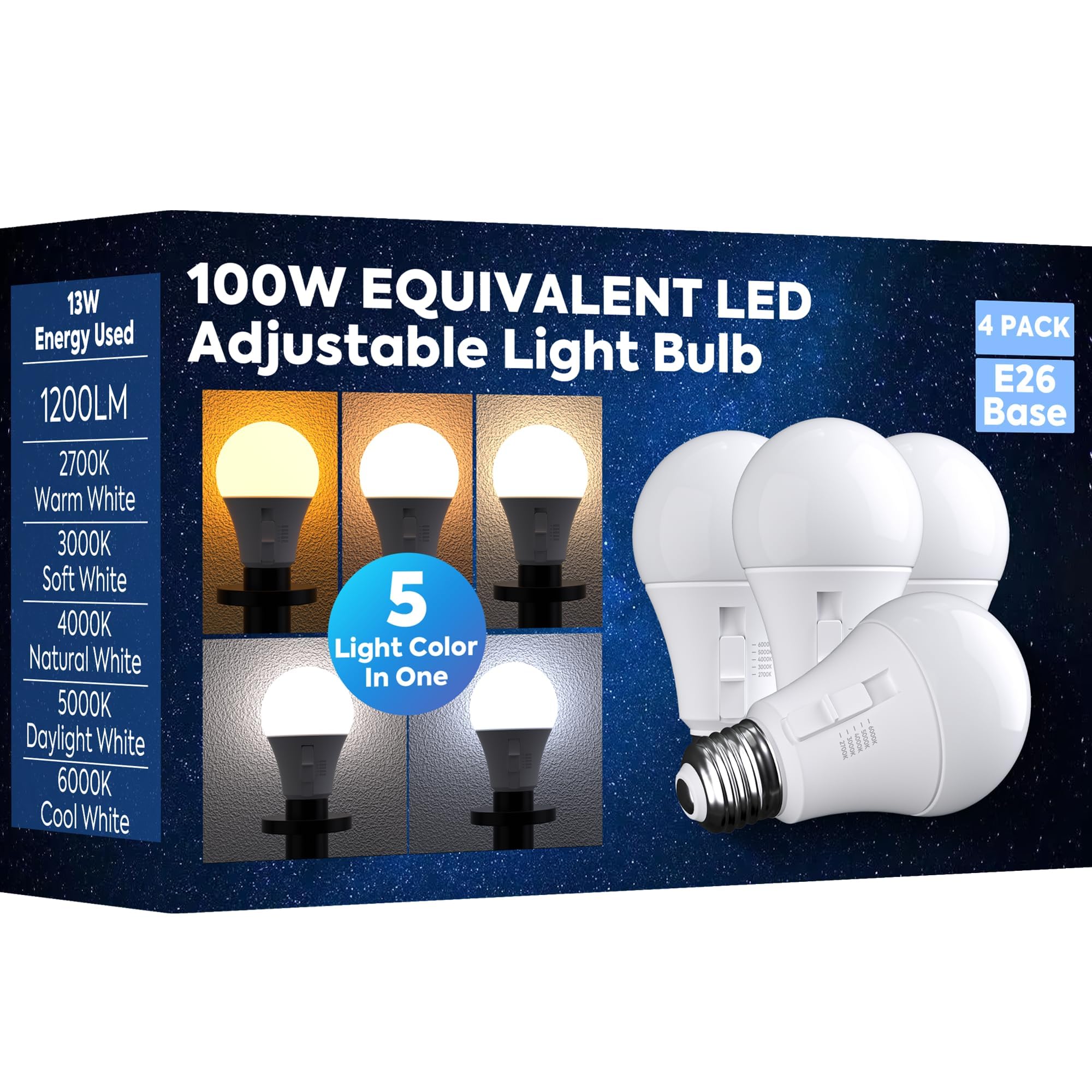 Nouscan Adjustable Light Bulb, 100W Equivalent, 5CCT A19 LED Light Bulb, E26 Base, 2700K 3000K 4000K 5000K 6000K, 1200LM, 13W E26 Medium Base Standard Light Bulb for Bedroom, Living Room, 4 Pack