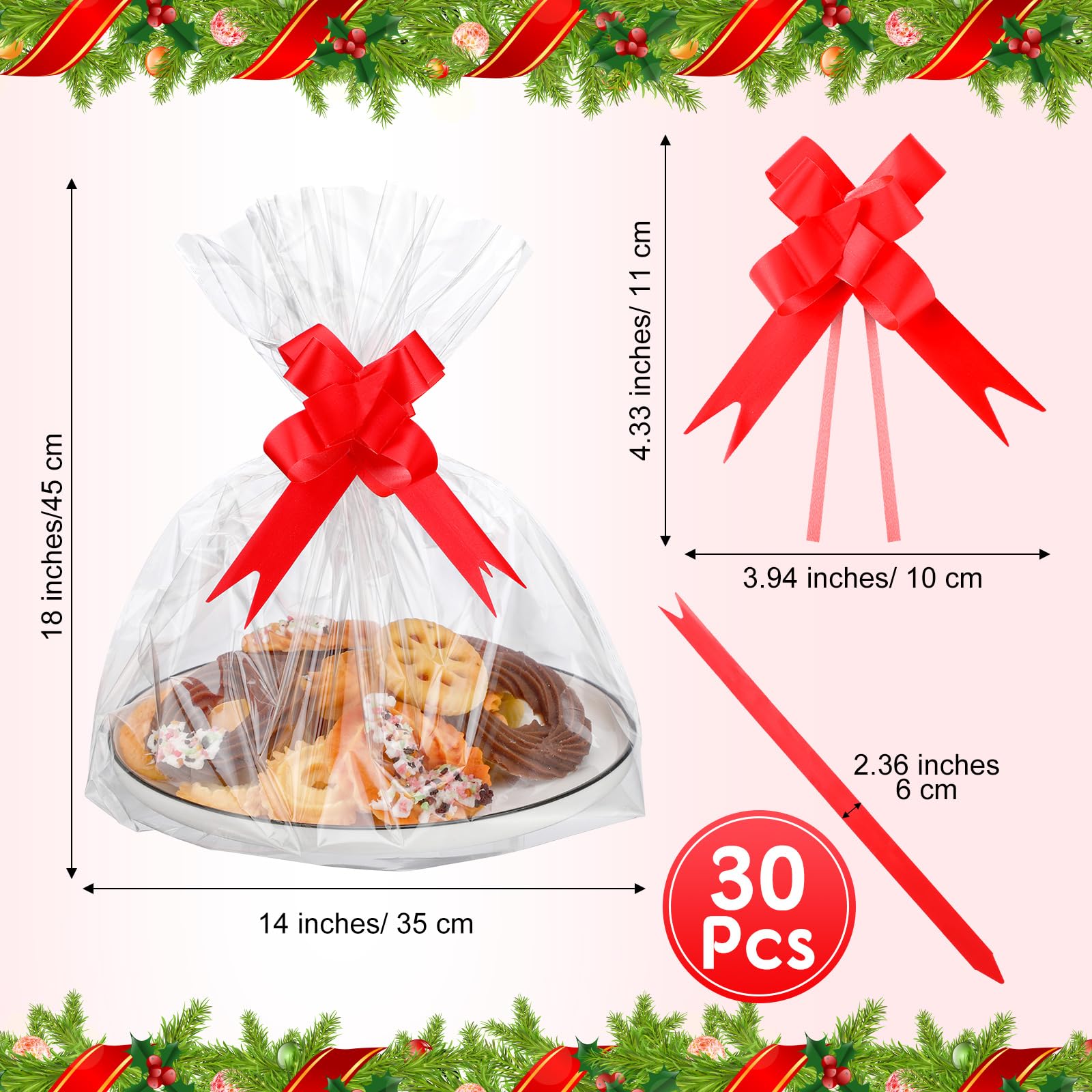 Nuogo 30 Sets Christmas Cookie Tray Bags Cellophane 14" x 18" Clear Cello Tray Bags Christmas Cookie Bags for Gift Giving Christmas Basket Bags with Red Pull Bows for Xmas Holiday Parties Wrap